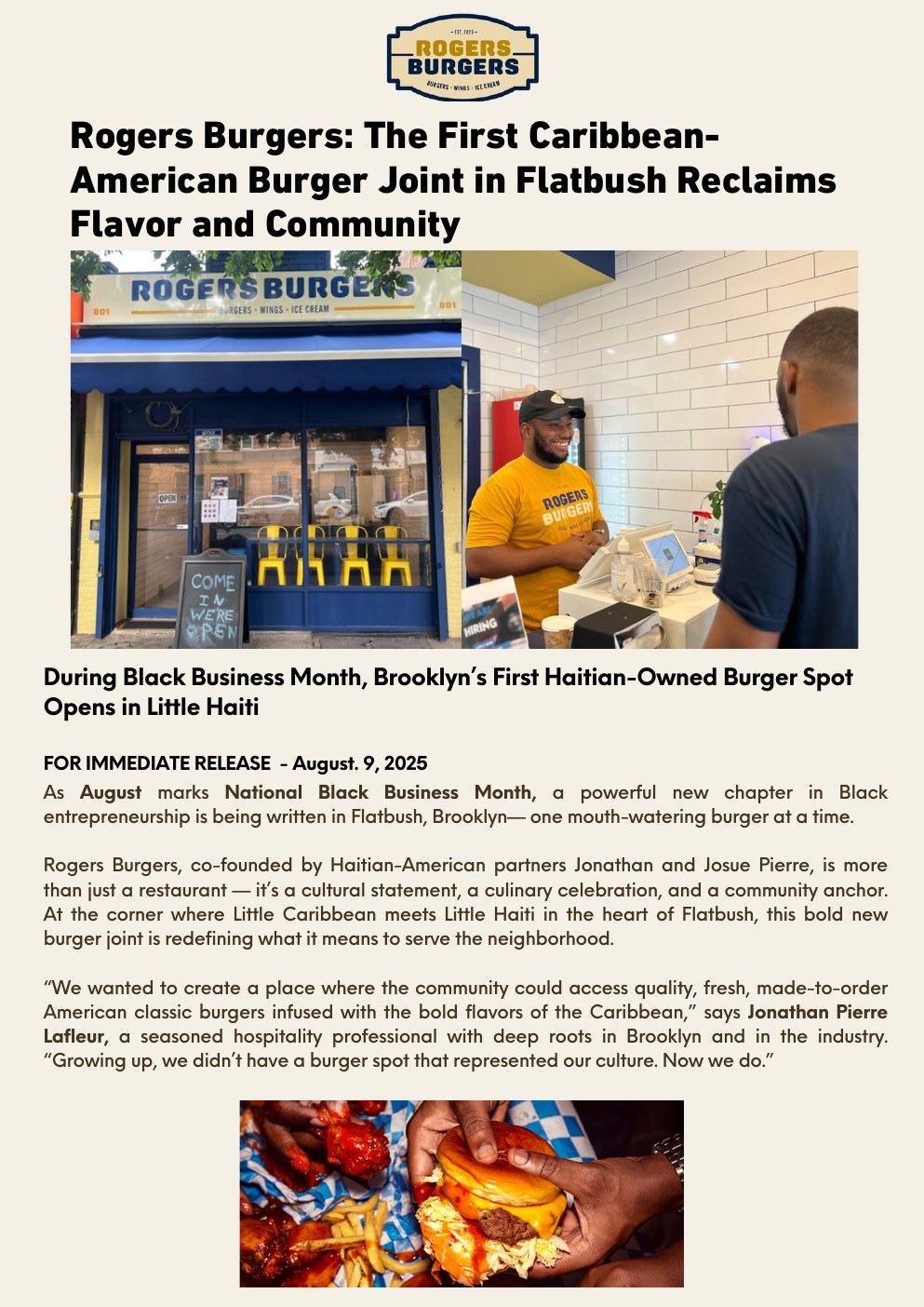 Rogers Burgers press release, page one